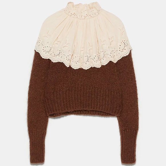 NEW!! Zara Contrasting Embroidery Cream Brown Sweater- Size S - Picture 10 of 16